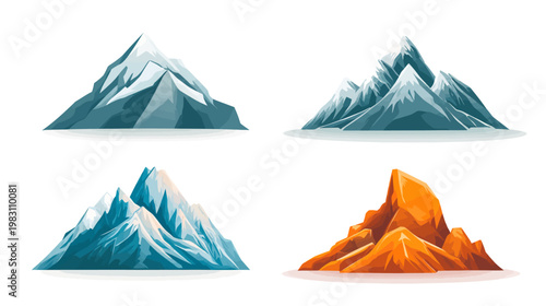Four stylized mountain illustrations in various colors, appearing to float on a white background