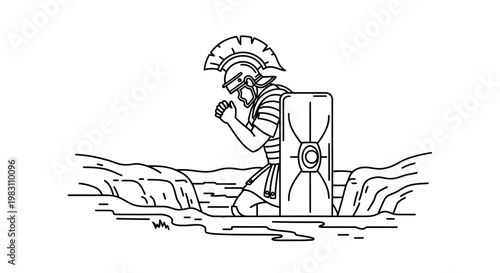 Roman Soldier Praying Kneeling in River with Shield, Ancient Warrior Devotion