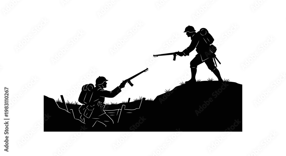 Naklejka premium Silhouette of Soldiers in Trench Warfare, WWI Era, with Rifles