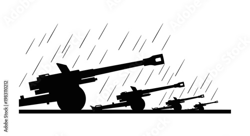 Silhouette of artillery cannons in the rain, military concept