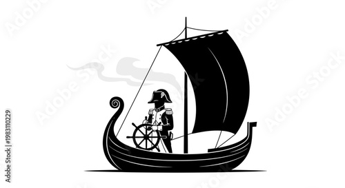 Silhouette of Napoleon on a Viking Ship, Sailing with Black Sail and Smoke