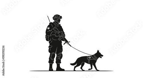 Silhouette of Soldier with Military Working Dog on Leash, Security Patrol