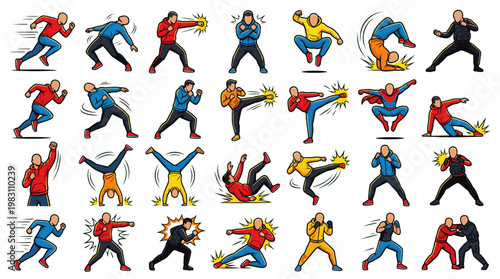 Collection of diverse cartoon characters engaged in various martial arts and combat poses, showcasing dynamic movements and action sequences.