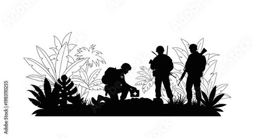 Silhouette of Soldiers in Jungle, One Kneeling, Examining Something on Ground