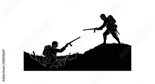 Silhouette of Soldiers in Trench Warfare, WWI Era, with Rifles
