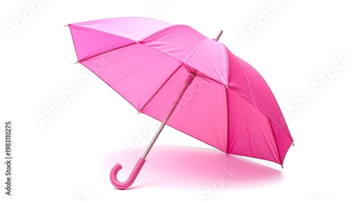 A pink umbrella with a curved handle floating in mid-air on white
