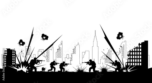 Silhouette Soldiers in Urban Warfare, City Destruction, Explosions, and Gunfire