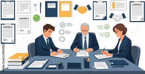 Business Professionals Signing Contracts and Agreements in Office, Corporate Negotiation and Partnership Illustration for Business Designs