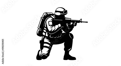 Soldier Crouching with Rifle, Military Action Silhouette, Tactical Gear, Combat Ready