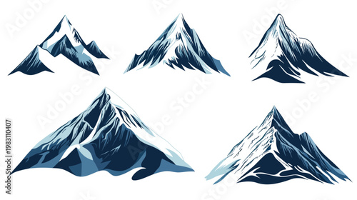 Stylized illustrations depicting various mountain peaks covered in snow. Different angles and designs
