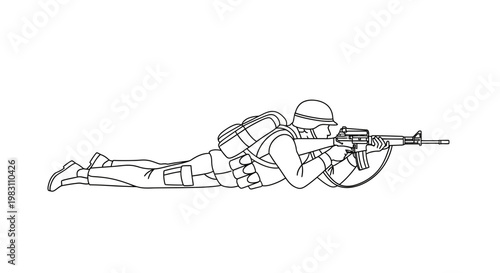 Soldier in camouflage uniform lying prone with rifle, aiming down sights, military training