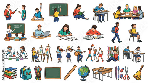 A vibrant collection of illustrations depicting various school activities, students, teachers, and educational supplies, capturing the essence of learning and childhood.