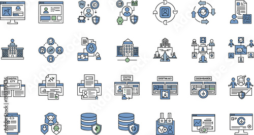 Digital infrastructure and data management icons set featuring network security, cloud systems, database storage, server architecture, monitoring and enterprise IT solutions vector illustration