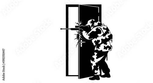 Soldier in camouflage aiming rifle through open door, tactical entry, combat readiness