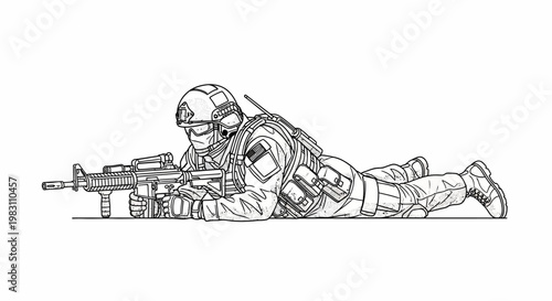 Soldier in tactical gear lying prone with assault rifle, ready for action, military illustration