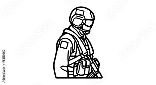 Soldier in tactical gear, helmet, and rifle, black and white outline illustration
