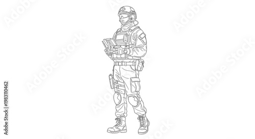 Soldier in tactical gear holding a tablet, ready for action