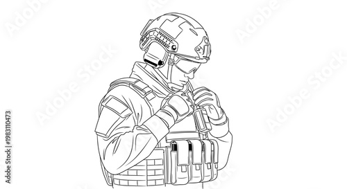 Soldier in tactical gear, helmet, and vest, focused and ready for action.