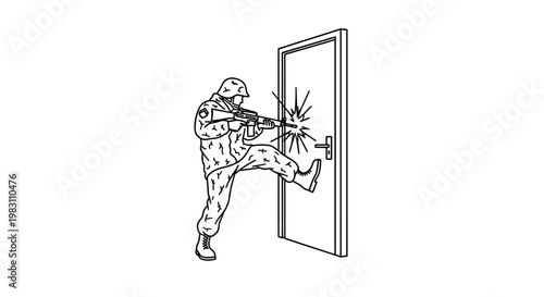 Soldier kicking door open with rifle aiming, tactical entry, breaching concept