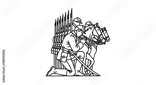 Soldier Kneeling with Rifle and Horse, Military Formation, Historical Battle Scene