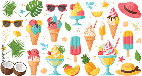 Tropical Summer Desserts with Ice Cream, Popsicles, and Fruit Toppings, Refreshing Sweet Treats for Hot Weather and Vacation Designs