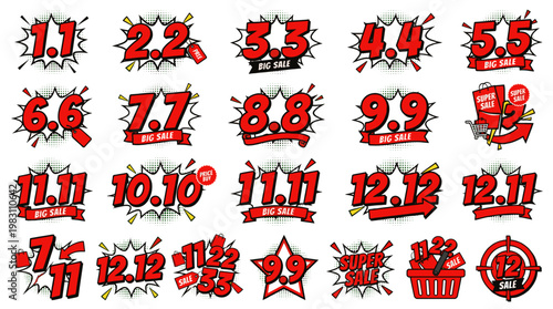 Collection of Sale Event Badges Featuring Numbers and Sale Announcements for Online Shopping Promotion. same date discount