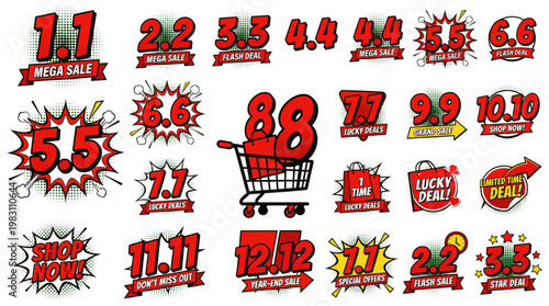 Collection of vibrant red sale event graphics featuring numbers and shopping-related icons. same date discount