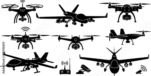 Drone and UAV Silhouette Icon Set Featuring Quadcopter Military Drone Remote Control and Aerial Technology Elements for Aviation and Surveillance Design