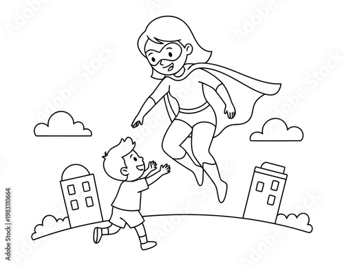 Superhero mother flying down to help child in city scene for kids coloring page illustration