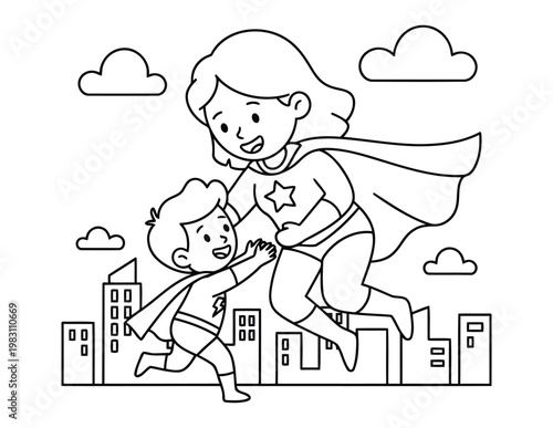 Superhero mother rescuing child while flying above city for kids coloring page illustration