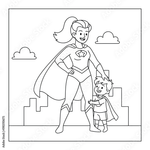 Superhero mom standing with happy child in city background coloring page illustration