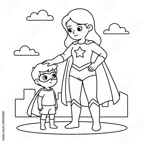 Superhero mom patting child head with city background kids coloring page illustration