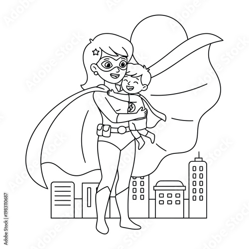 Superhero mom hugging happy child in city background kids coloring page illustration
