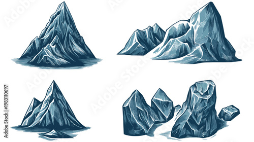 Four stylized illustrations of mountains, rendered with blue and gray tones against a white background