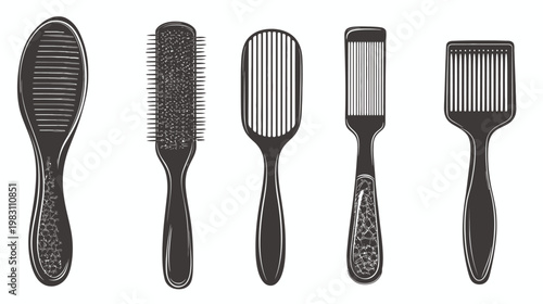 Black and white illustration of various grooming tools for hair care, isolated on white background