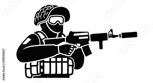 Soldier with Assault Rifle, Tactical Gear, and Helmet - Silhouette Icon