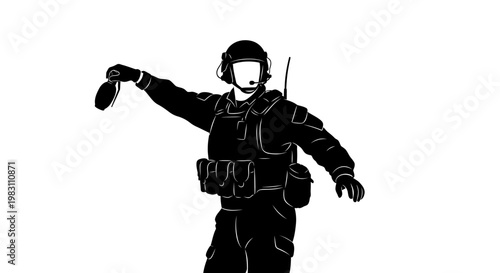 Soldier throwing a stun grenade, tactical gear, protest control, law enforcement, military action