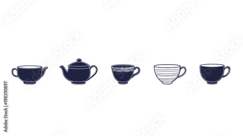 Illustration of a teapot and four different teacups, all in a blue-inked sketched style