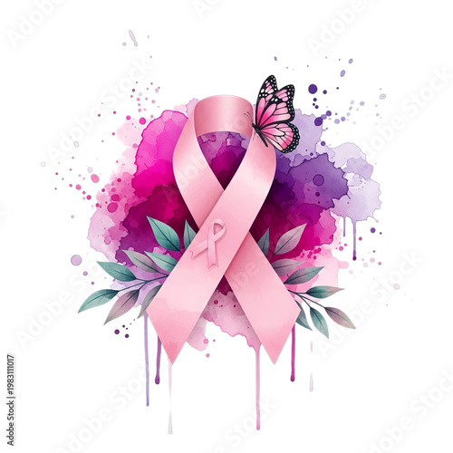 Pink Ribbon Butterfly Watercolor Art Breast Cancer Awareness Symbol