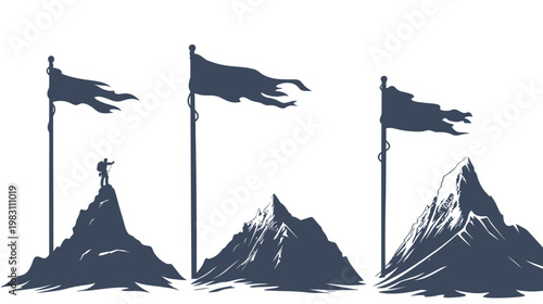 Silhouetted illustration of mountain peaks with flags and an adventurer on a summit