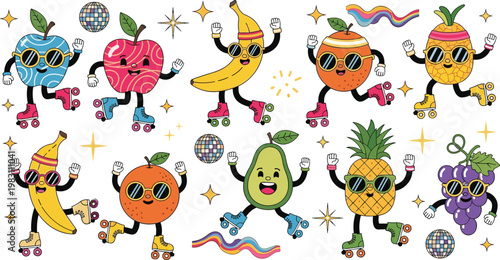 Colorful Fruits Roller Skating with Fun, Disco Style Fruits in Sunglasses for Playful and Energetic Illustration Designs