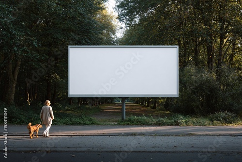 Blank billboard mockup in a park with a person walking a dog