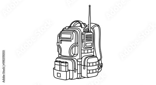 Tactical Backpack with Radio - Line Art Illustration