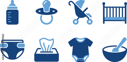 Baby items icons set including bottle pacifier stroller crib diaper tissue onesie bowl