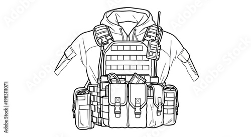 Tactical Vest with Pouches and Radio - Military Gear Illustration