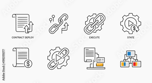 The contract deployment process involves dispute resolution through a chain of secure links and a server with database storage solutions.