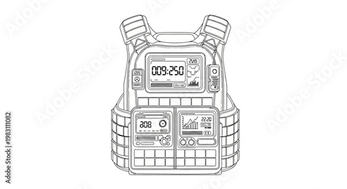 Tactical Vest with Digital Display and Pouches, Military Gear, Combat Equipment Outline