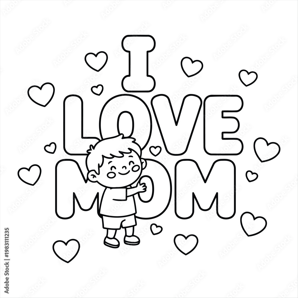 Fototapeta premium Mother coloring page with cute child hugging love text surrounded by hearts