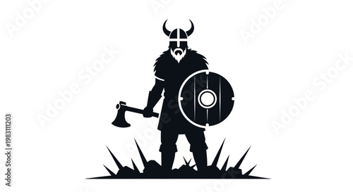 Viking Warrior Silhouette with Axe and Shield on White Background