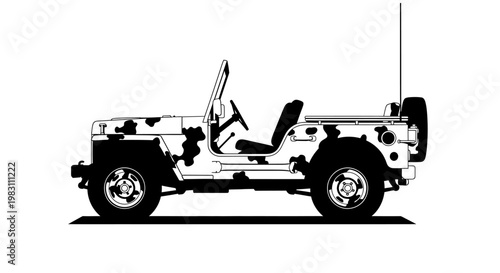 Vintage Camouflage Jeep Wrangler Off-Road Vehicle Silhouette Vector Illustration